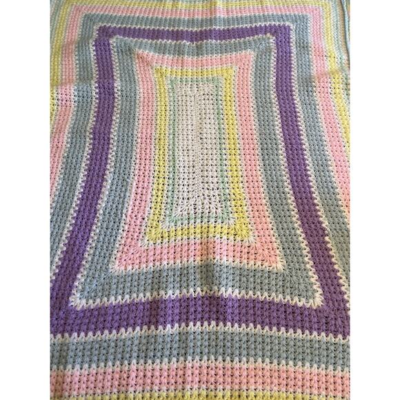 Pastel Rainbow Rectangle Handmade Crochet Knit Baby Blanket 1980s Retro Style - Picture 5 of 5